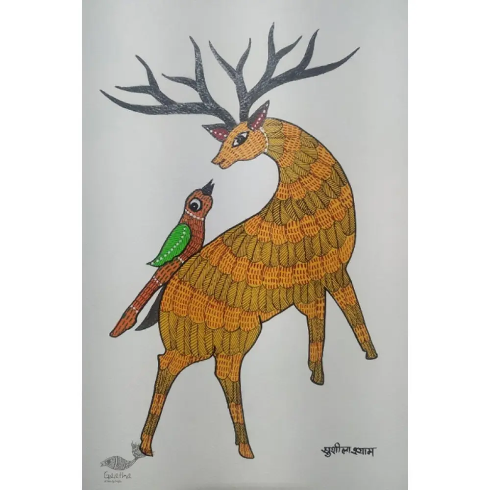 Gond Painting - indian art Deer with Parrot 