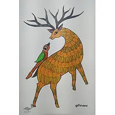 Gond Art ~ Hand Painted Gond Painting - Deer with Parrot 