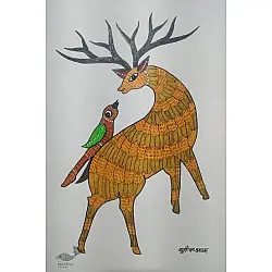 Gond Art ~ Hand Painted Gond Painting - Deer with Parrot 