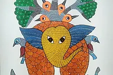 Gond Art ~ Hand Painted Gond Painting - Elephant & Birds