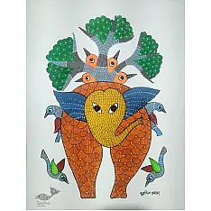 Gond Art ~ Hand Painted Gond Painting - Elephant & Birds