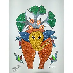 Gond Art ~ Hand Painted Gond Painting - Elephant & Birds