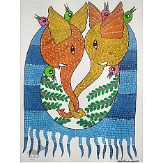 Gond Art ~ Hand Painted Gond Painting - Two Elephants