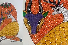 Gond Art ~ Hand Painted Gond Painting - Bull & Deer