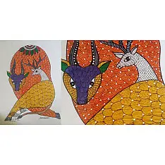 Gond Art ~ Hand Painted Gond Painting - Bull & Deer