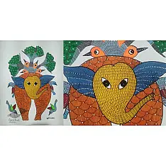 Gond Art ~ Hand Painted Gond Painting - Elephant & Birds