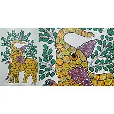 Gond Art ~ Hand Painted Gond Painting - Elephant & Parrot
