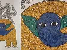 Gond Art ~ Hand Painted Gond Painting - Elephant & Tree