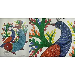 Gond Art ~ Hand Painted Gond Painting -Peahen & Fish