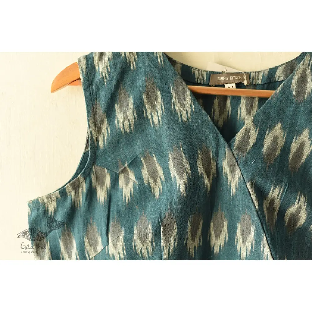 Stitched Teal Blue Cotton Sleeve Less Blouse