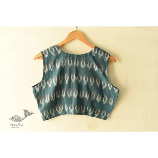 Stitched Teal Blue Cotton Sleeve Less Blouse