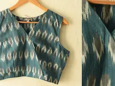 Ikat | Stitched Teal Blue Cotton Sleeve Less Blouse