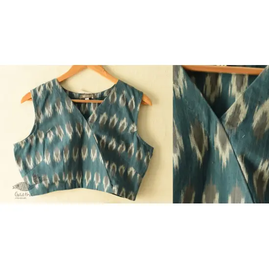 Stitched Teal Blue Cotton Sleeve Less Blouse