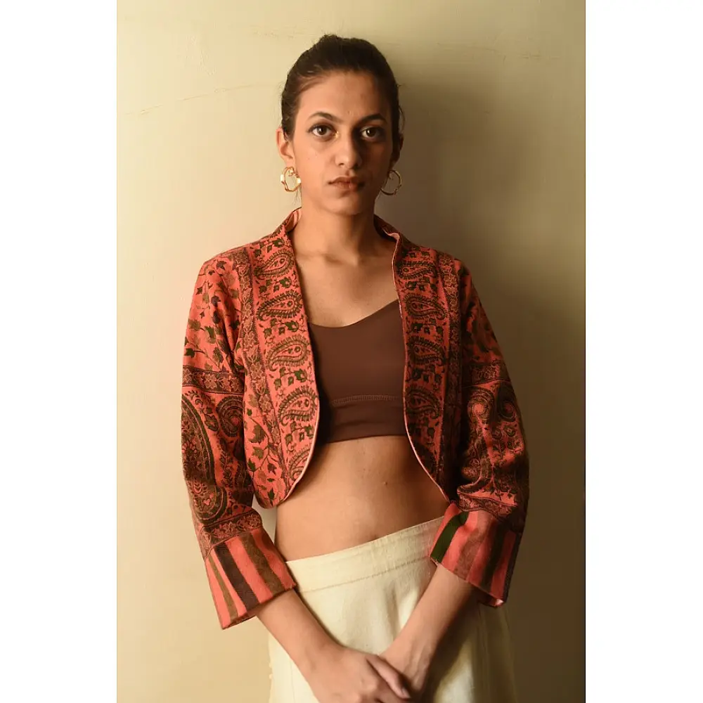 buy Handwoven Peach Jamavar Woolen Jacket