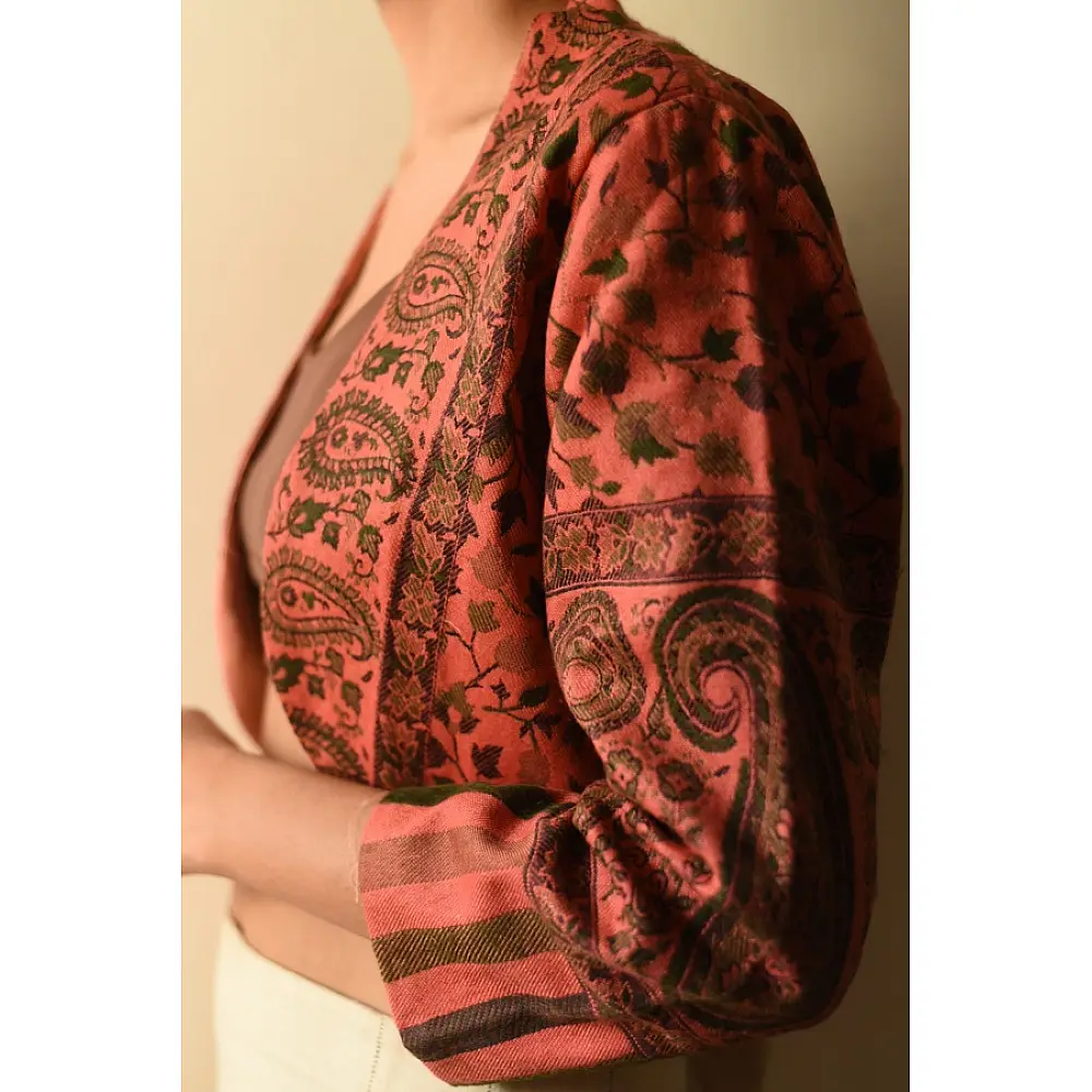 buy Handwoven Peach Jamavar Woolen Jacket