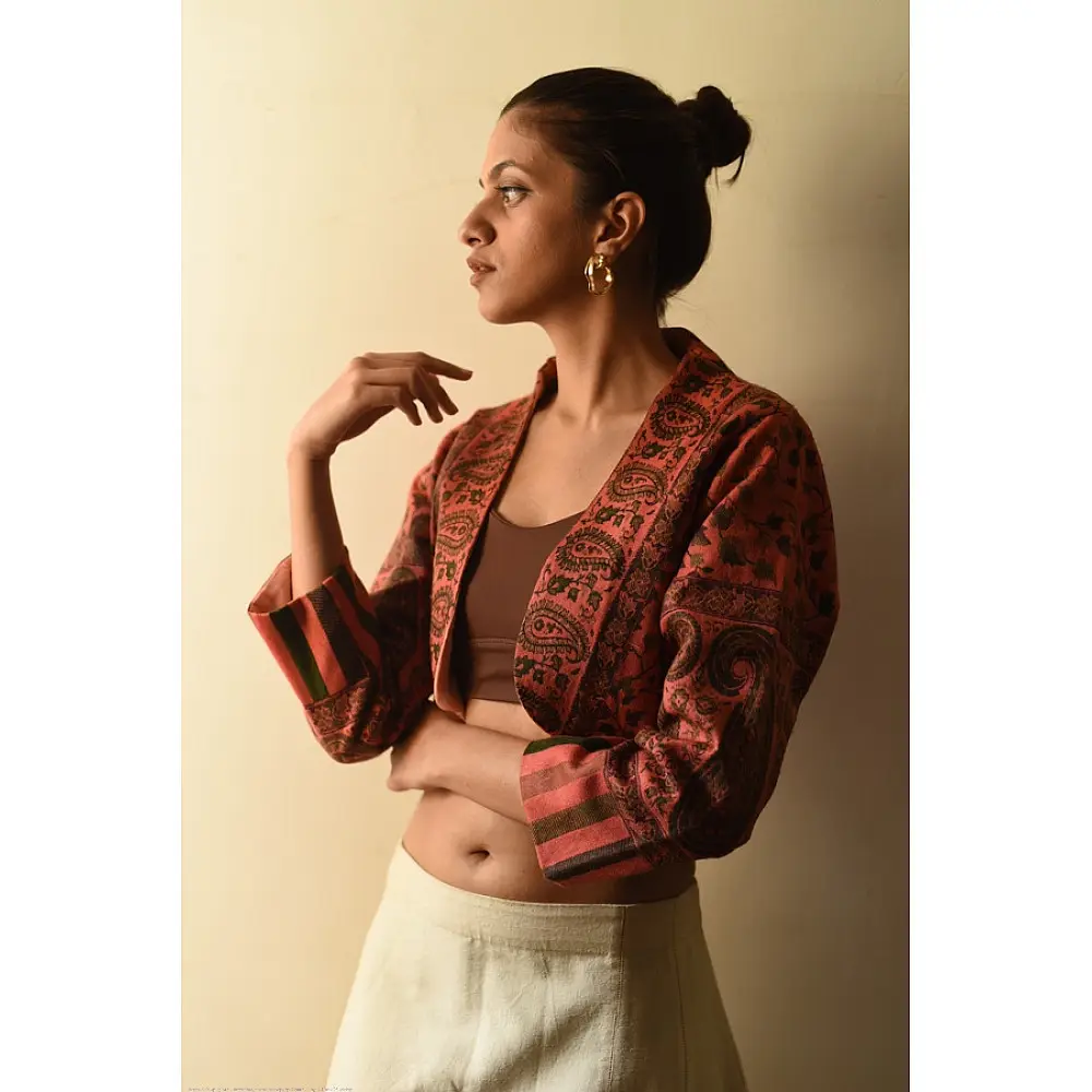 buy Handwoven Peach Jamavar Woolen Jacket
