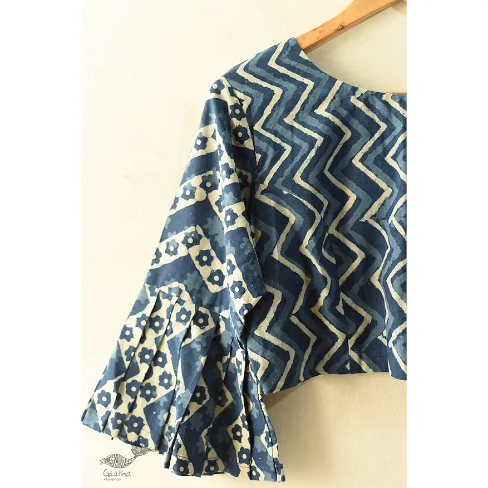 Dabu Block Printed Stitched Cotton Blouse - Indigo