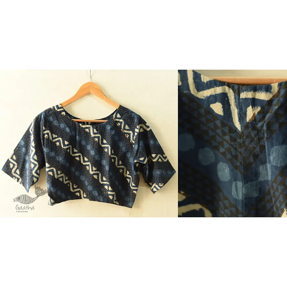 Dabu Block Printed Stitched Cotton Blouse - Round Neck
