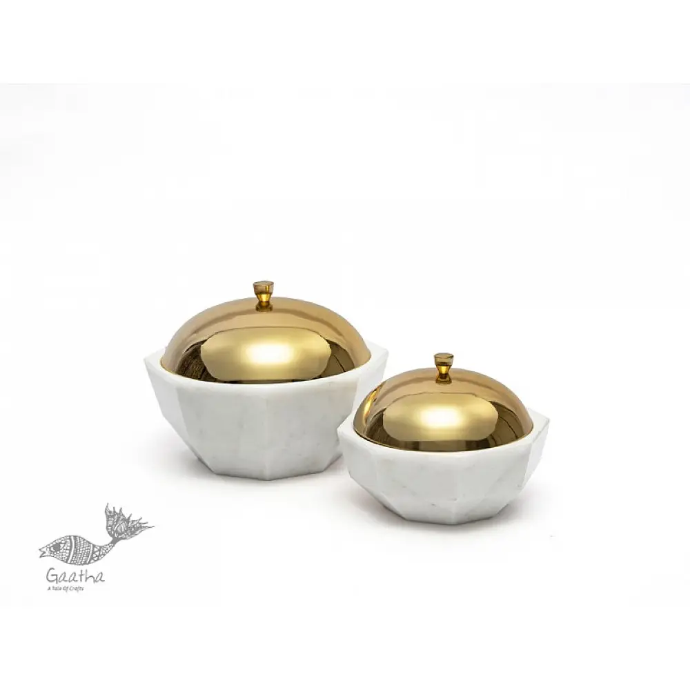 handmade marble facet bowl with brass dome lid in large and small sizes