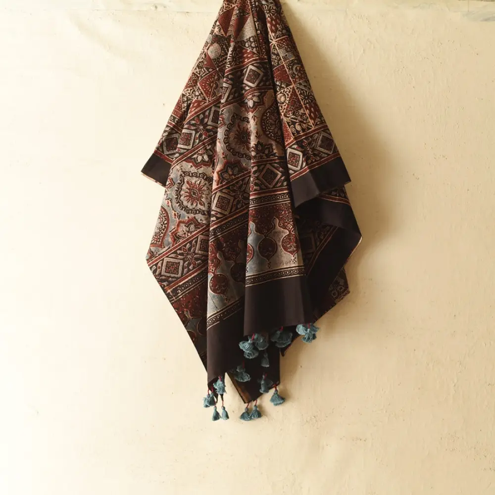 Multi-coloured Ajrakh block print dupatta with rich earthy tones