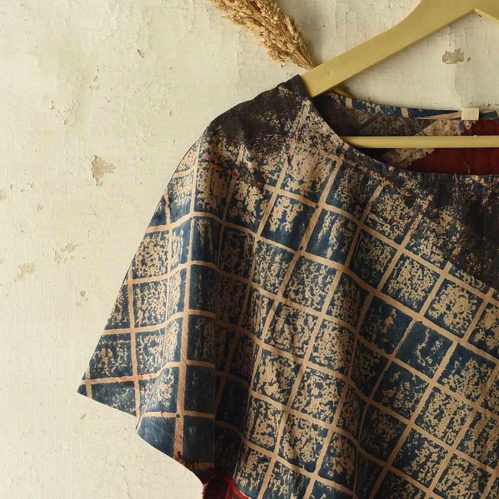 indigo blue madder red ajrakh cotton top diagonal geometric grid patchwork block print hand block printed boxy fit artisanal blouse women sustainable fashion natural dyed