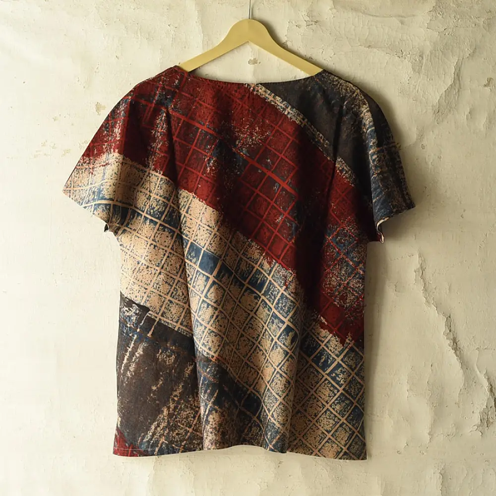 indigo blue madder red ajrakh cotton top diagonal geometric grid patchwork block print hand block printed boxy fit artisanal blouse women sustainable fashion natural dyed