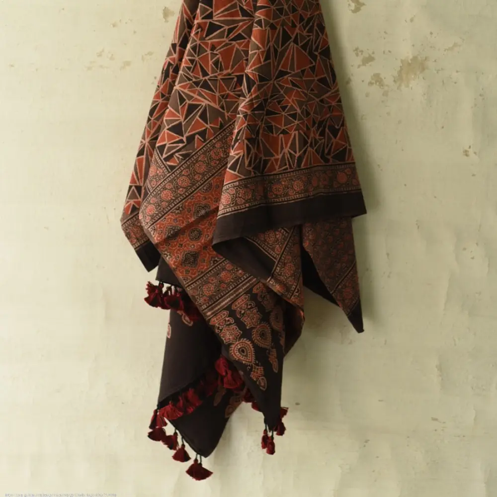 Ajrakh hand block printed pure cotton dupatta with geometric motifs