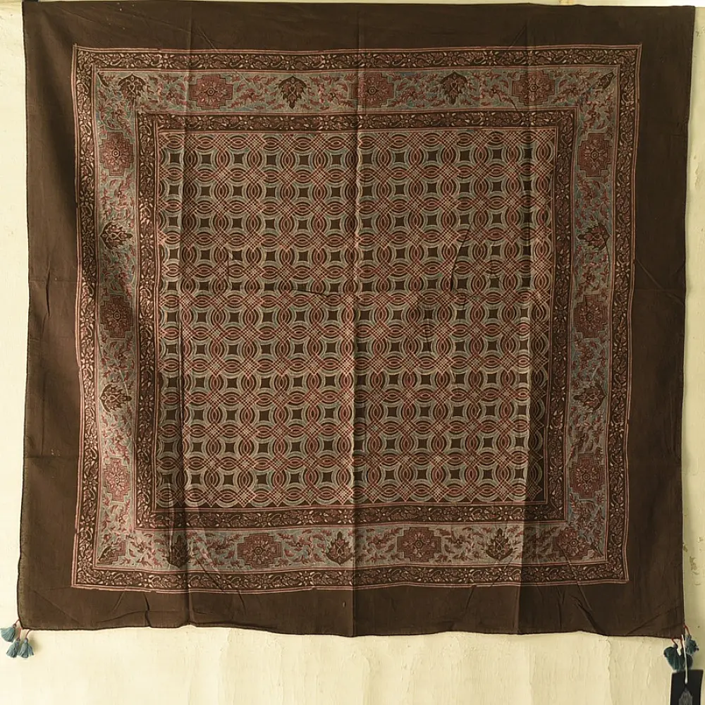 indigo blue ajrakh cotton square scarf red cream geometric star jaal block print hand block printed natural dyed scarf tassels