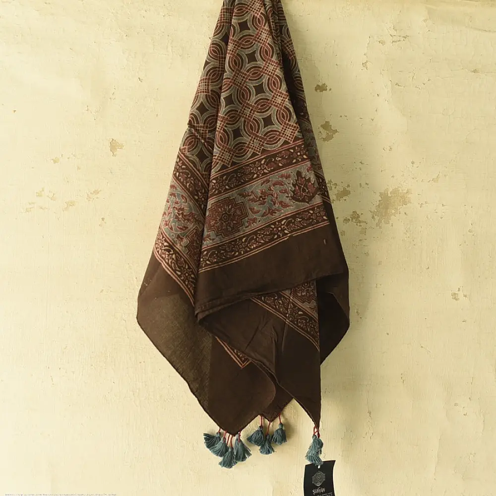 indigo blue ajrakh cotton square scarf red cream geometric star jaal block print hand block printed natural dyed scarf tassels