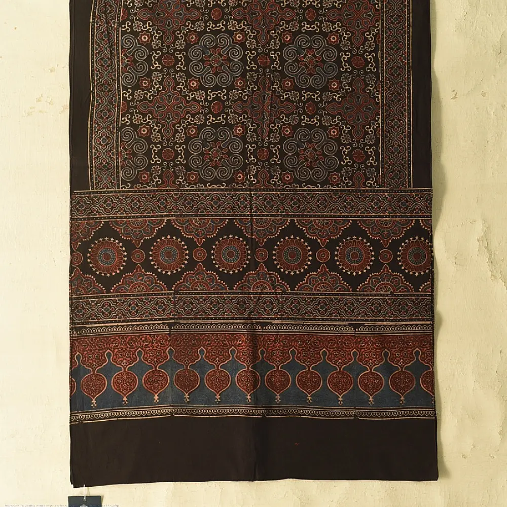 indigo blue madder red ajrakh cotton stole hand block printed floral mandala body ornate medallion mihrab border traditional artisanal scarf sustainable fashion natural dyed