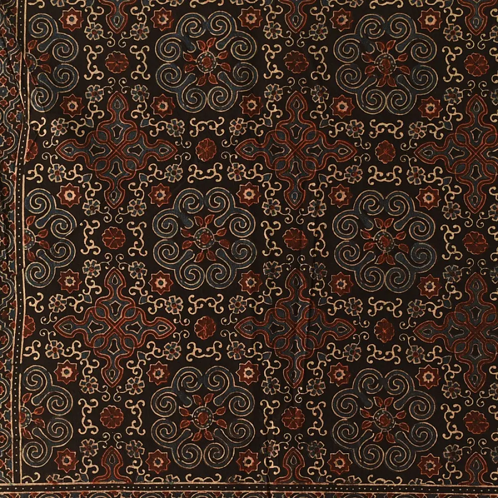 indigo blue madder red ajrakh cotton stole hand block printed floral mandala body ornate medallion mihrab border traditional artisanal scarf sustainable fashion natural dyed