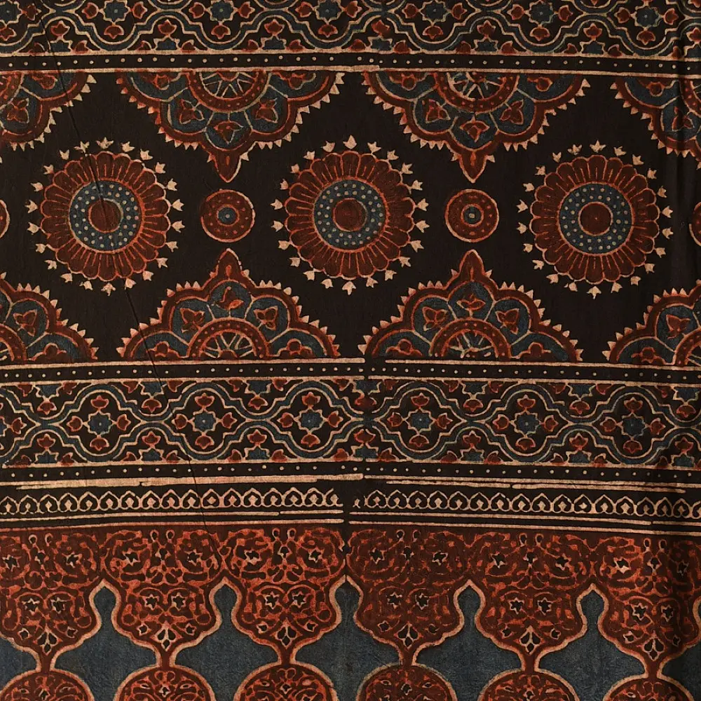 indigo blue madder red ajrakh cotton stole hand block printed floral mandala body ornate medallion mihrab border traditional artisanal scarf sustainable fashion natural dyed