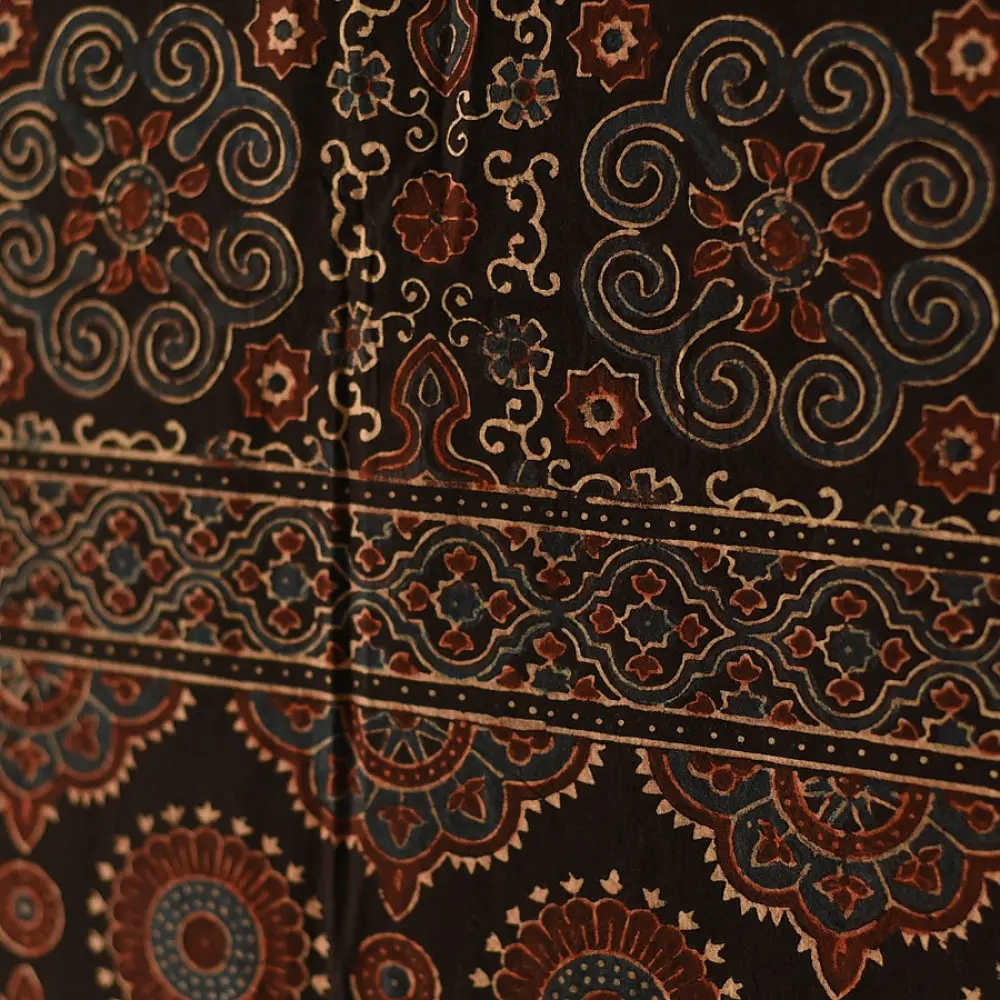 indigo blue madder red ajrakh cotton stole hand block printed floral mandala body ornate medallion mihrab border traditional artisanal scarf sustainable fashion natural dyed