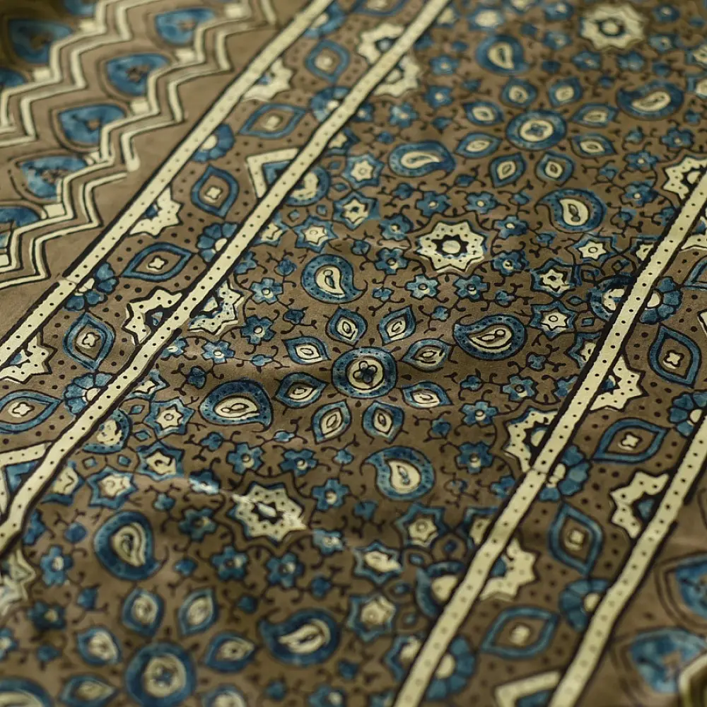 moss green mustard gold ajrakh modal silk saree hand block printed floral sprig body traditional geometric borders ethnic wear sustainable luxury natural dyed with tassels