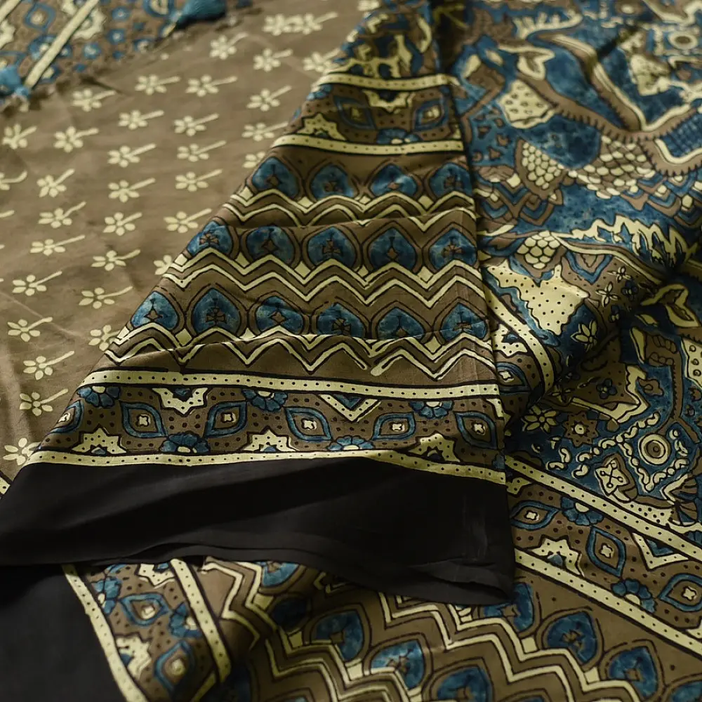 moss green mustard gold ajrakh modal silk saree hand block printed floral sprig body traditional geometric borders ethnic wear sustainable luxury natural dyed with tassels