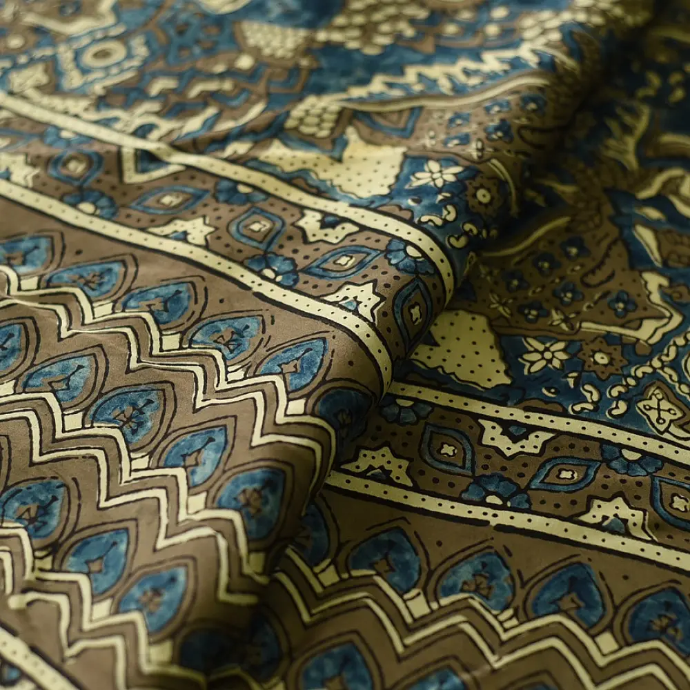 moss green mustard gold ajrakh modal silk saree hand block printed floral sprig body traditional geometric borders ethnic wear sustainable luxury natural dyed with tassels