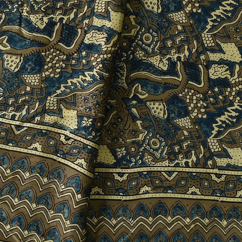 moss green mustard gold ajrakh modal silk saree hand block printed floral sprig body traditional geometric borders ethnic wear sustainable luxury natural dyed with tassels
