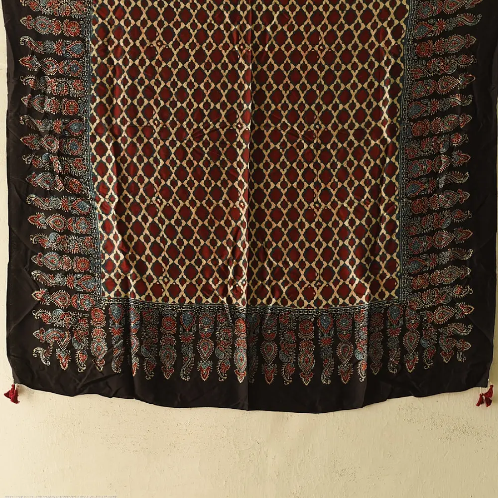 red beige ajrakh silk square scarf jali lattice pattern hand block printed black indigo accents natural dyed scarf