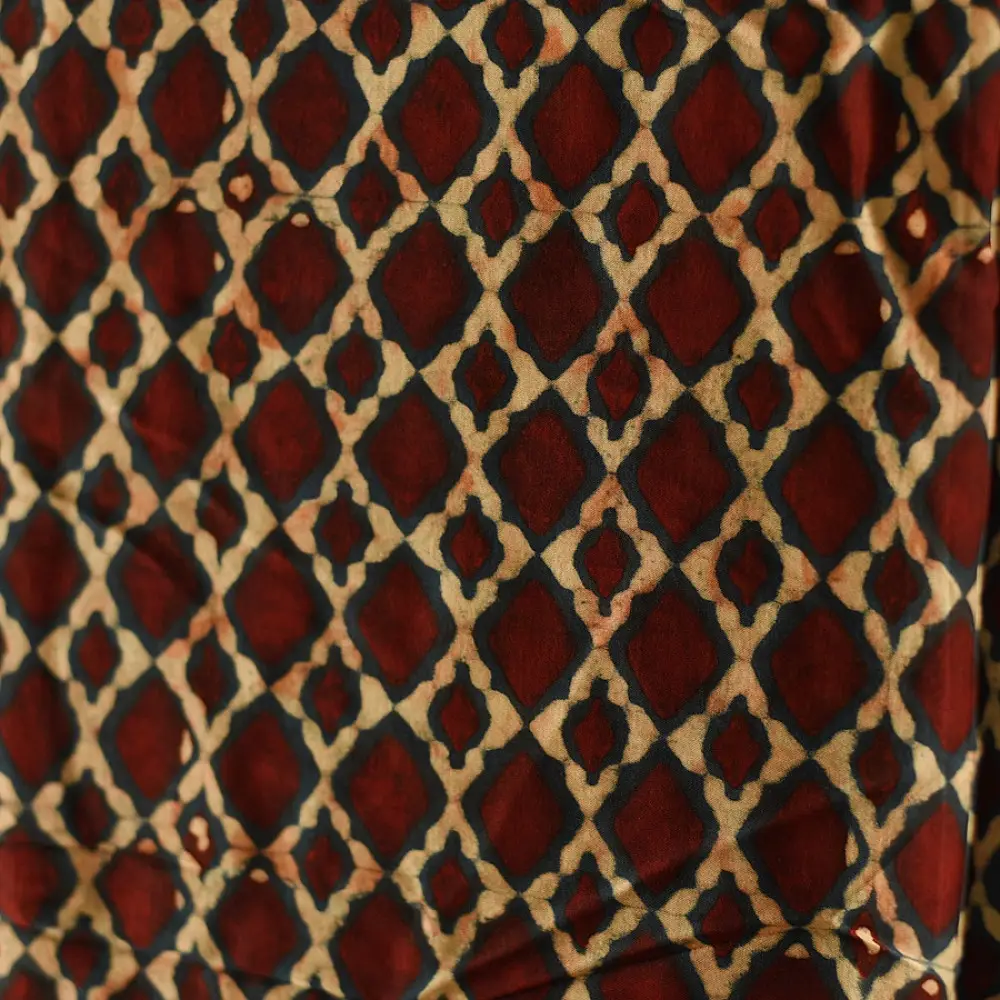 red beige ajrakh silk square scarf jali lattice pattern hand block printed black indigo accents natural dyed scarf