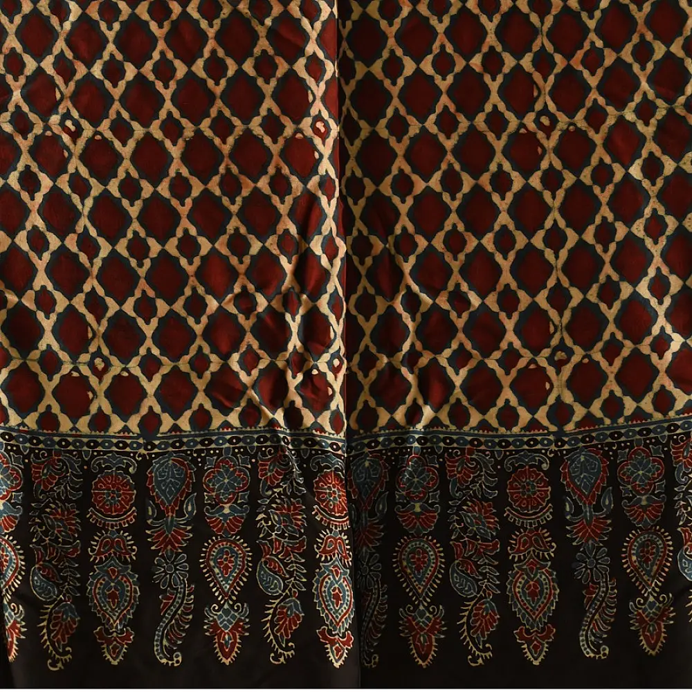 red beige ajrakh silk square scarf jali lattice pattern hand block printed black indigo accents natural dyed scarf