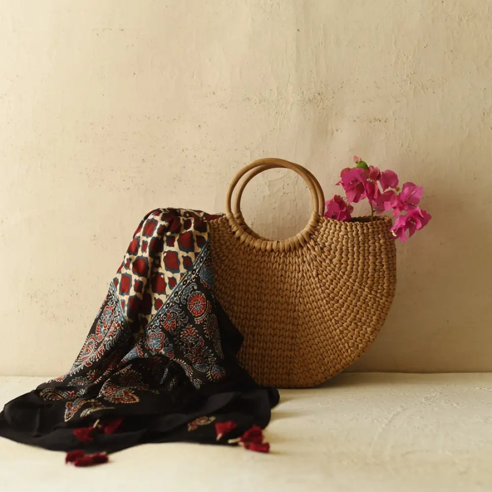 red beige ajrakh silk square scarf jali lattice pattern hand block printed black indigo accents natural dyed scarf