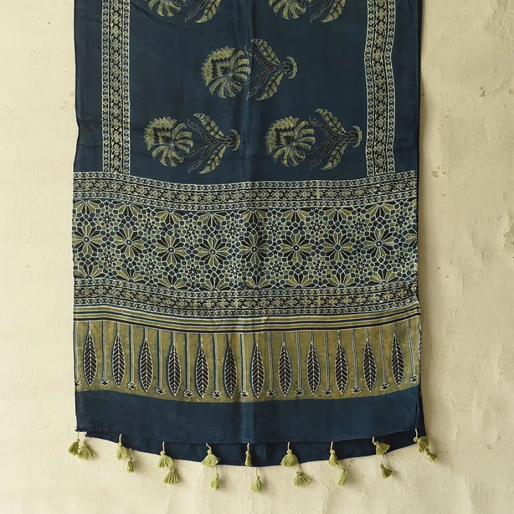 deep indigo blue moss green ajrakh modal silk dupatta hand block printed floral buta motif body ornate star medallion pallu traditional mihrab arched detail wedding festive wear sustainable luxury natural dyed with tassels