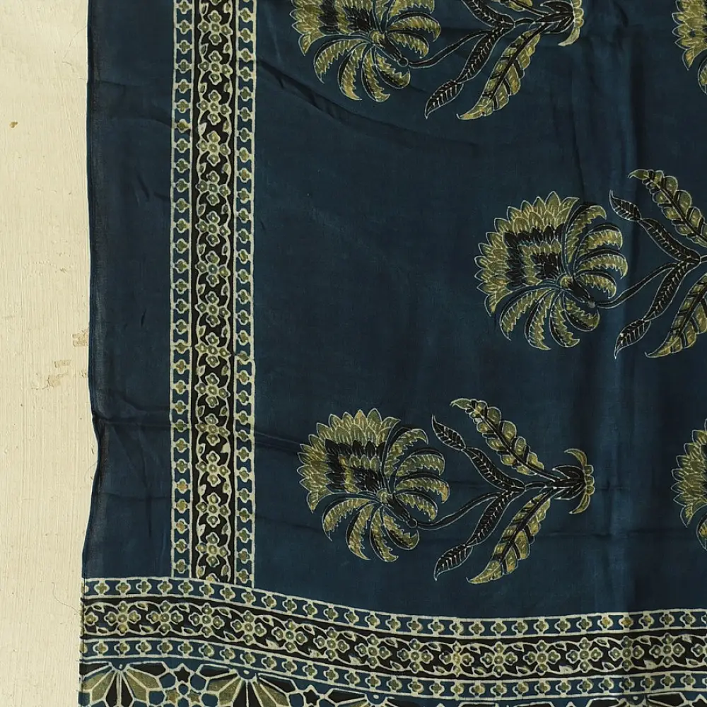 deep indigo blue moss green ajrakh modal silk dupatta hand block printed floral buta motif body ornate star medallion pallu traditional mihrab arched detail wedding festive wear sustainable luxury natural dyed with tassels