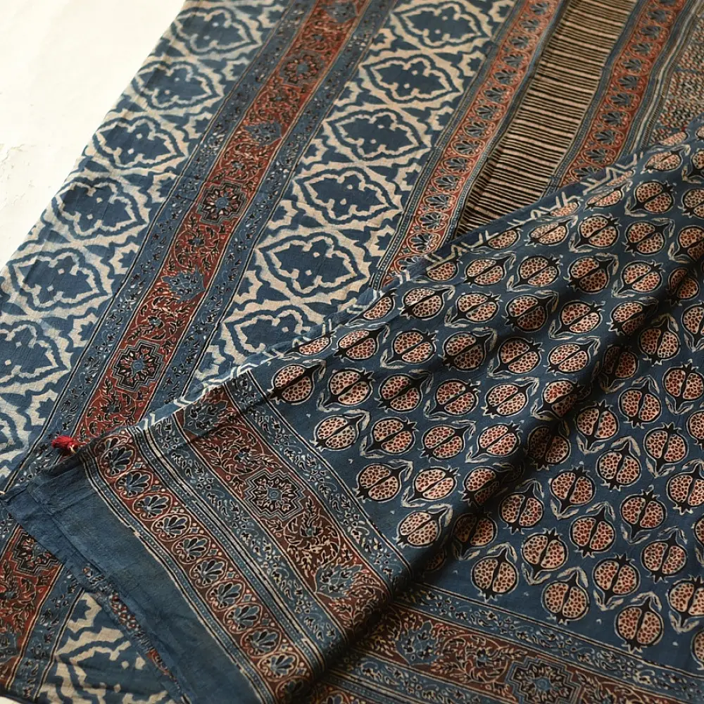Online  Ajrakh Block Print - Mulmul Cotton Saree