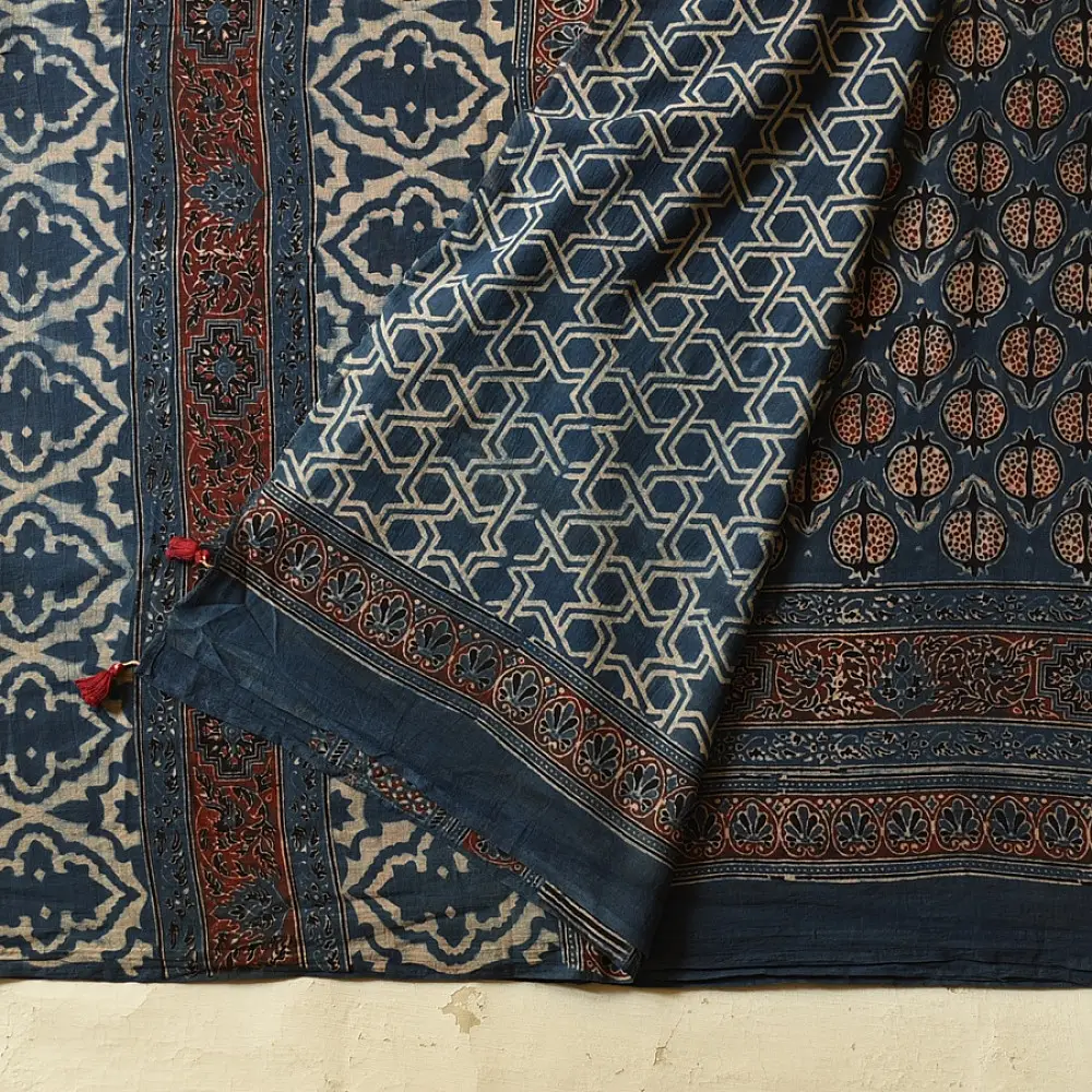 Online  Ajrakh Block Print - Mulmul Cotton Saree