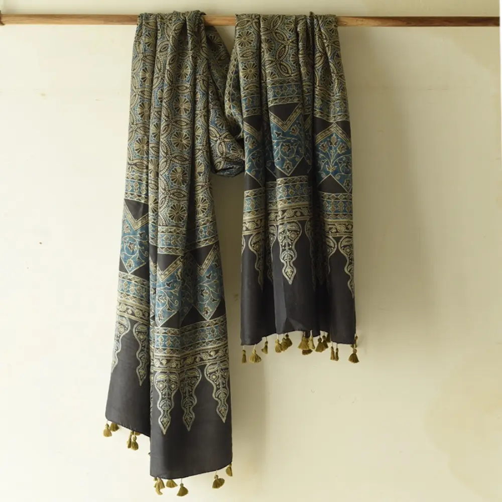 mulberry silk ajrakh dupatta chocolate brown indigo blue interlocking geometric floral jaal block print sawtooth minaret border hand block printed natural dyed silk dupatta