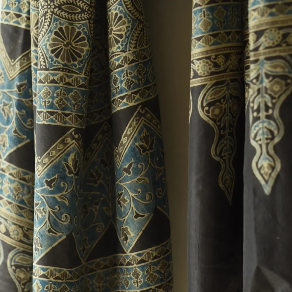 mulberry silk ajrakh dupatta chocolate brown indigo blue interlocking geometric floral jaal block print sawtooth minaret border hand block printed natural dyed silk dupatta