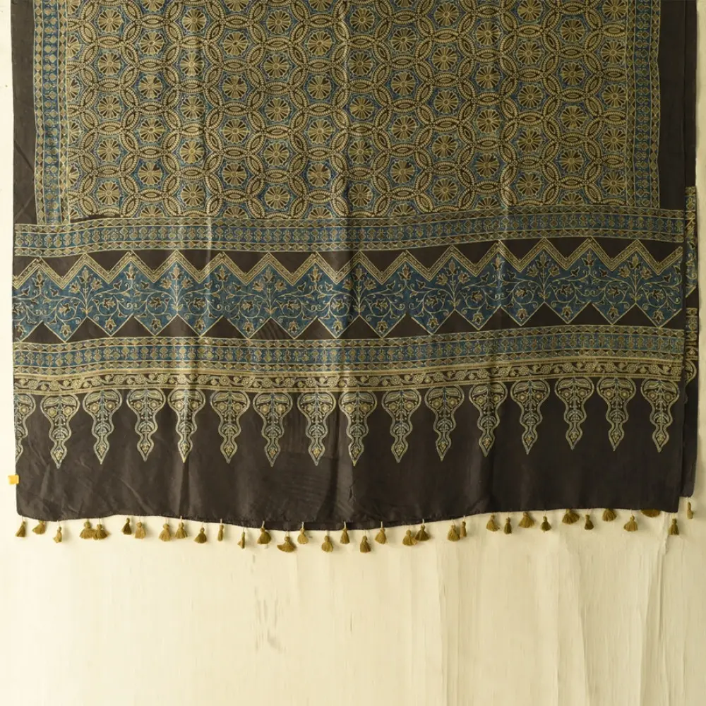 mulberry silk ajrakh dupatta chocolate brown indigo blue interlocking geometric floral jaal block print sawtooth minaret border hand block printed natural dyed silk dupatta
