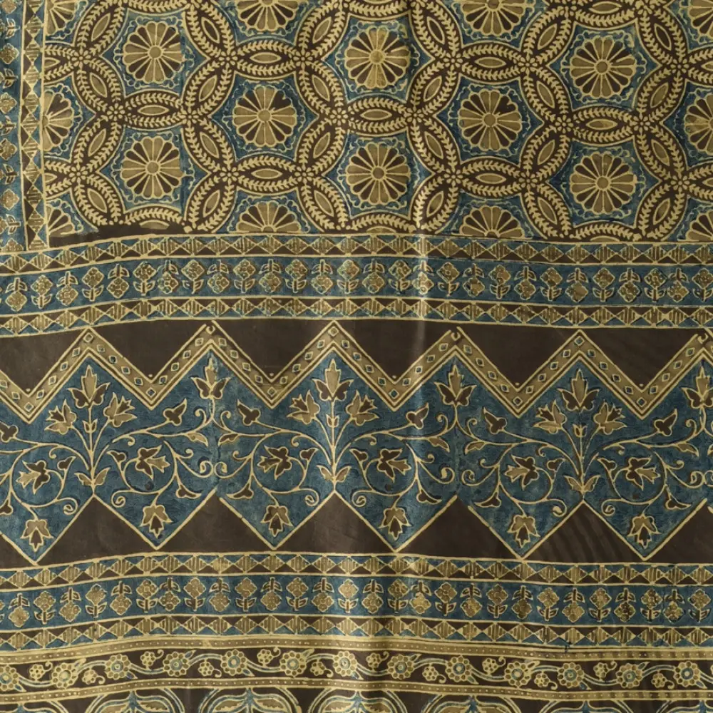 mulberry silk ajrakh dupatta chocolate brown indigo blue interlocking geometric floral jaal block print sawtooth minaret border hand block printed natural dyed silk dupatta