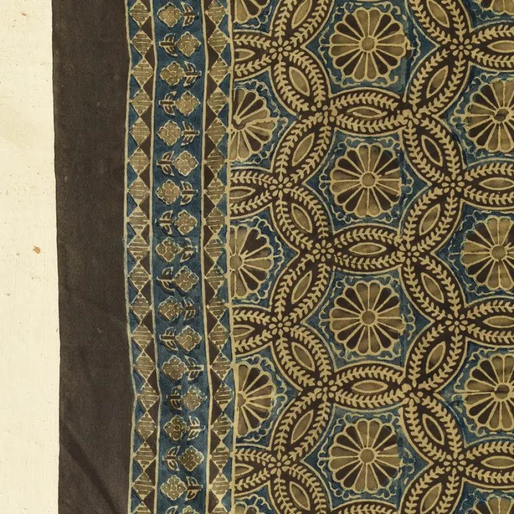 mulberry silk ajrakh dupatta chocolate brown indigo blue interlocking geometric floral jaal block print sawtooth minaret border hand block printed natural dyed silk dupatta